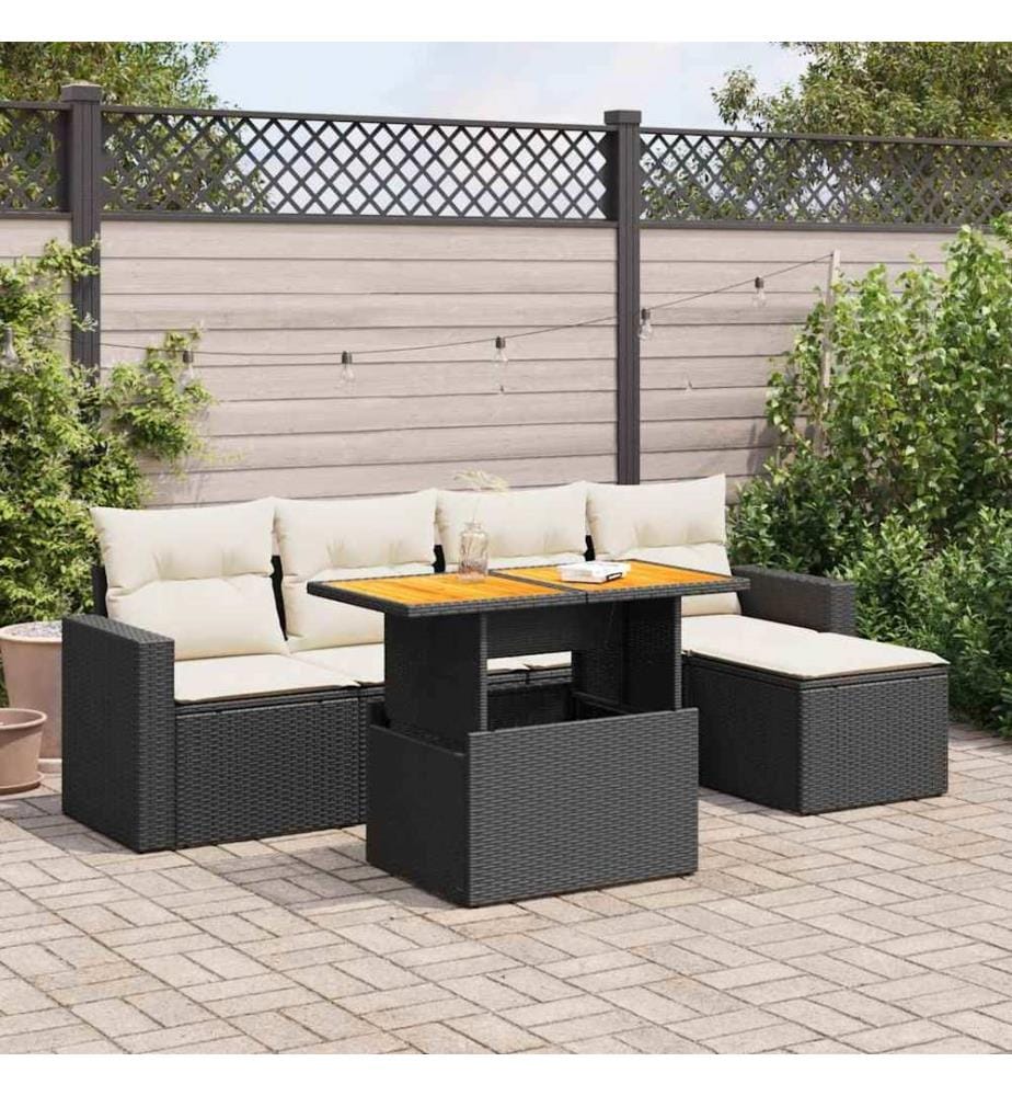 Salon de jardin 6 pcs avec coussins noir résine tressée