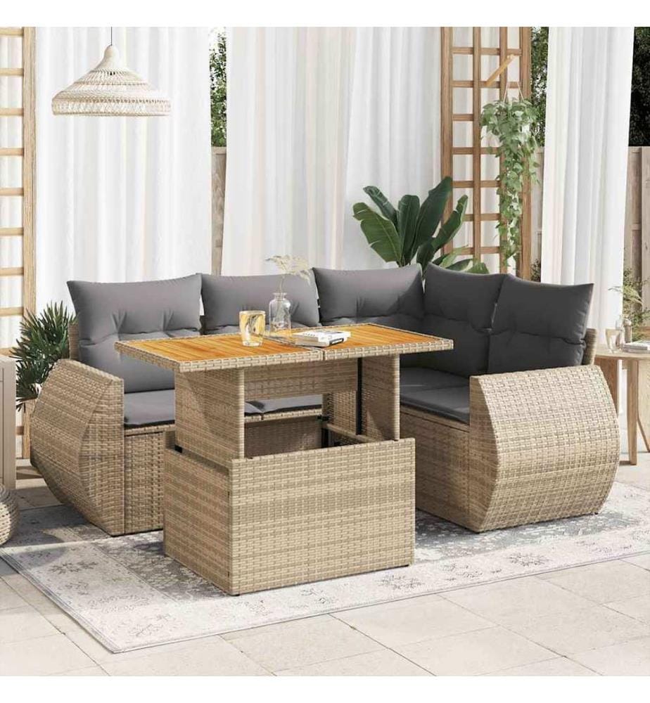 5-tlg. Garten-Sofagarnitur mit Kissen Beige Poly Rattan
