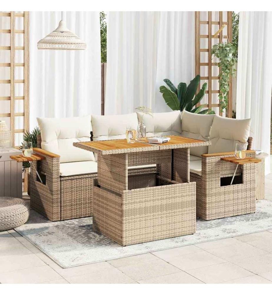 Salon de jardin avec coussins 5 pcs beige résine tressée acacia
