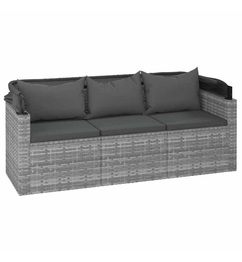 3-Sitzer-Gartensofa mit Dach und Fusshocker Grau Poly Rattan