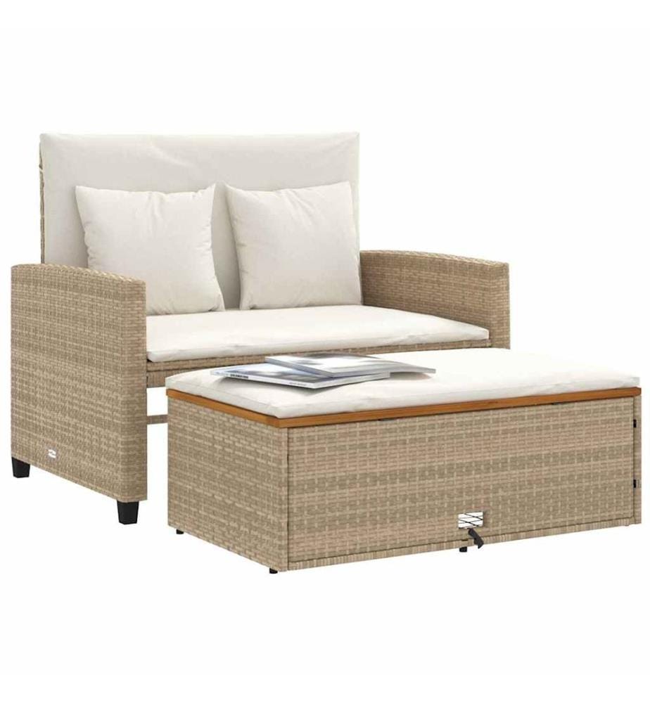 Gartensofa mit Kissen 2-Sitzer Beige Poly Rattan & Akazienholz