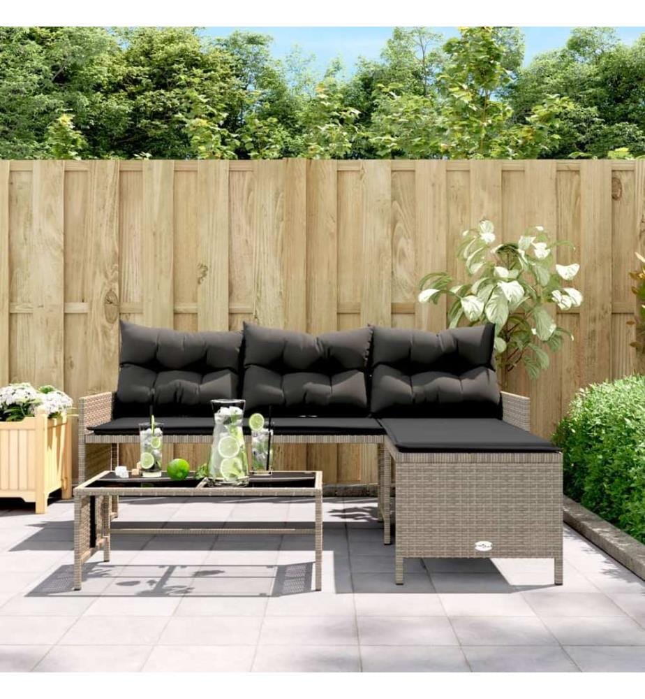 Gartensofa in L-Form mit Tisch und Kissen Grau Poly Rattan