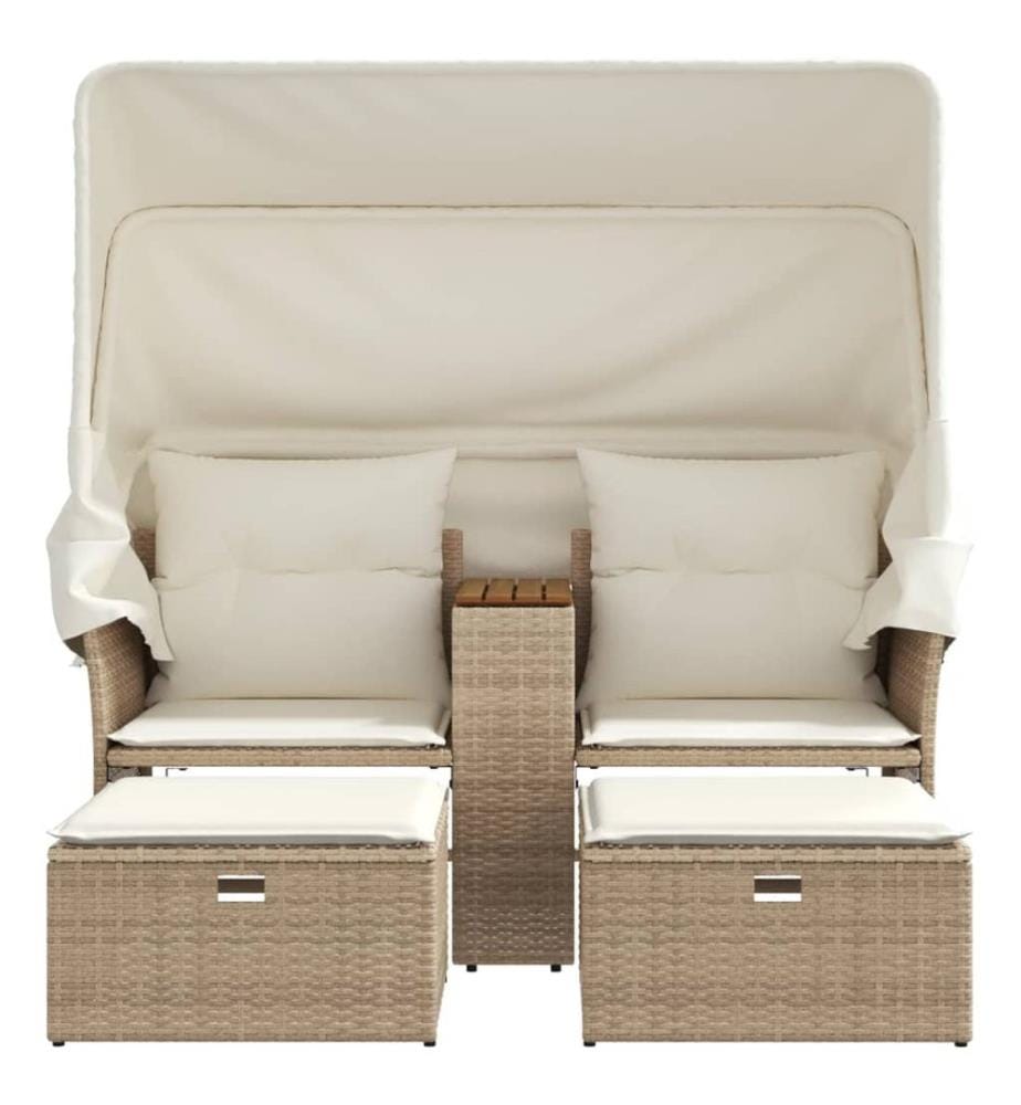 Gartensofa 2-Sitzer mit Dach und Hockern Beige Poly Rattan