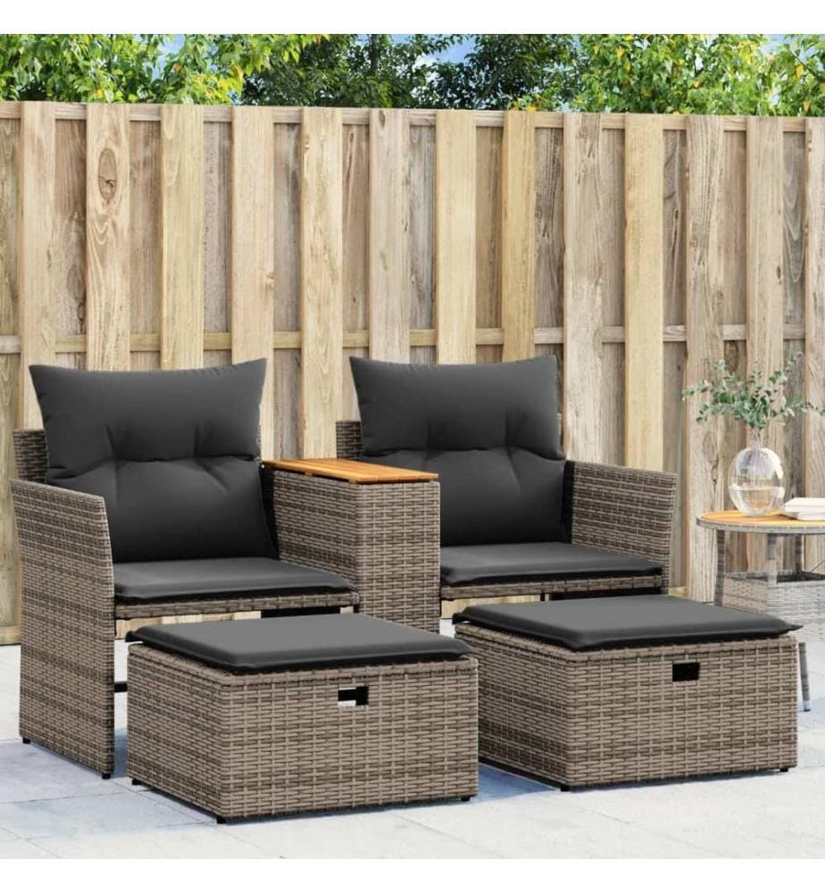 Gartensofa 2-Sitzer mit Hockern Grau Poly Rattan