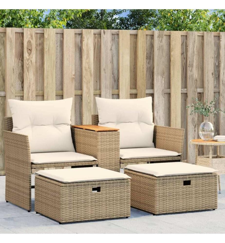 Gartensofa 2-Sitzer mit Hockern Beige Poly Rattan