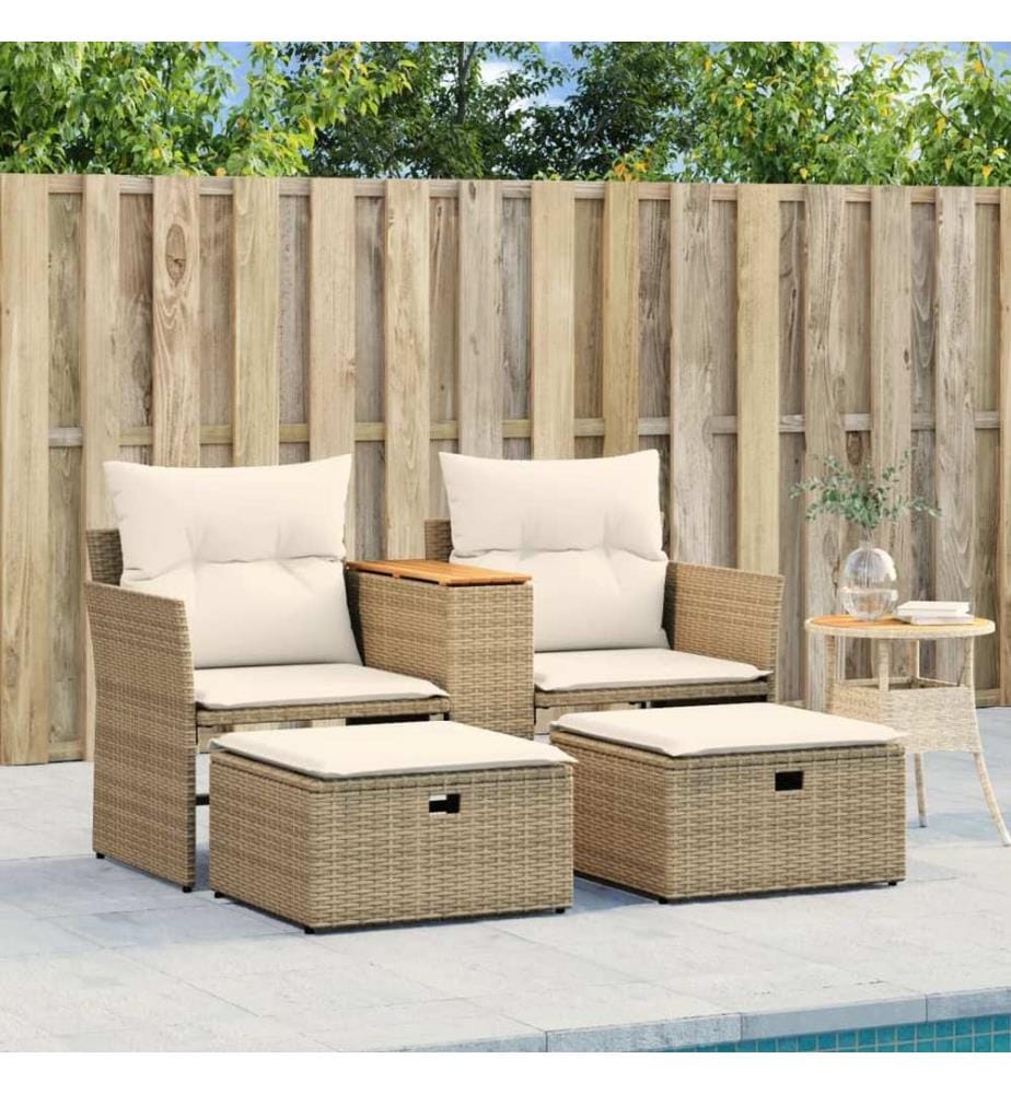 Gartensofa 2-Sitzer mit Hockern Beige Poly Rattan