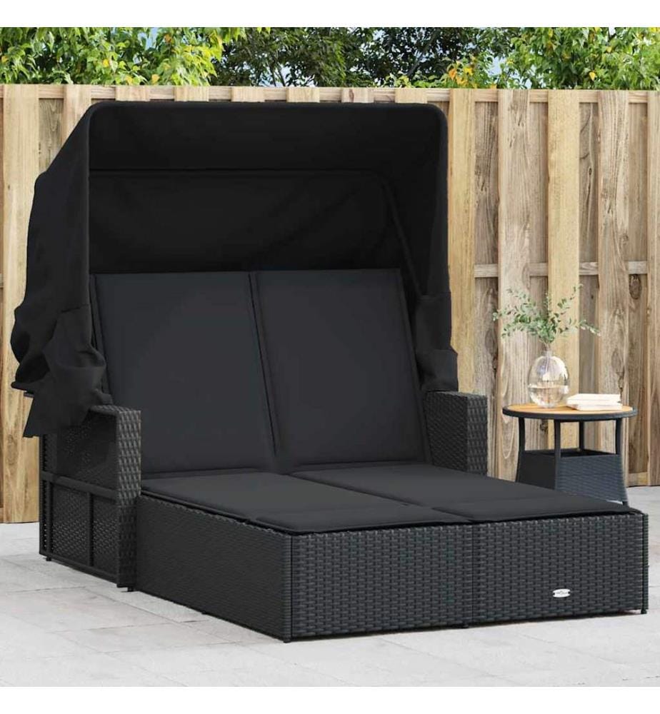 Doppel-Sonnenliege mit Dach und Auflagen Schwarz Poly Rattan