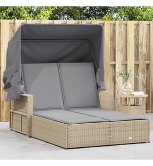 Doppel-Sonnenliege mit Dach und Auflagen Beige Poly Rattan