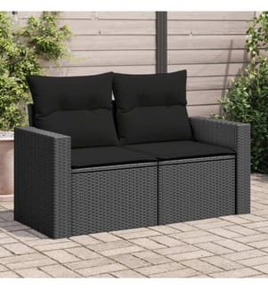 Gartensofa mit Kissen 2-Sitzer Schwarz Poly Rattan