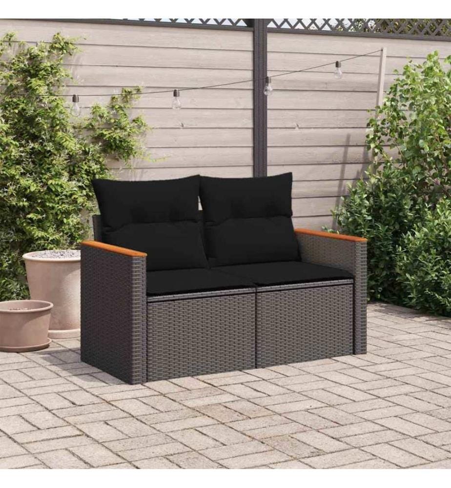 Gartensofa mit Kissen 2-Sitzer Schwarz Poly Rattan