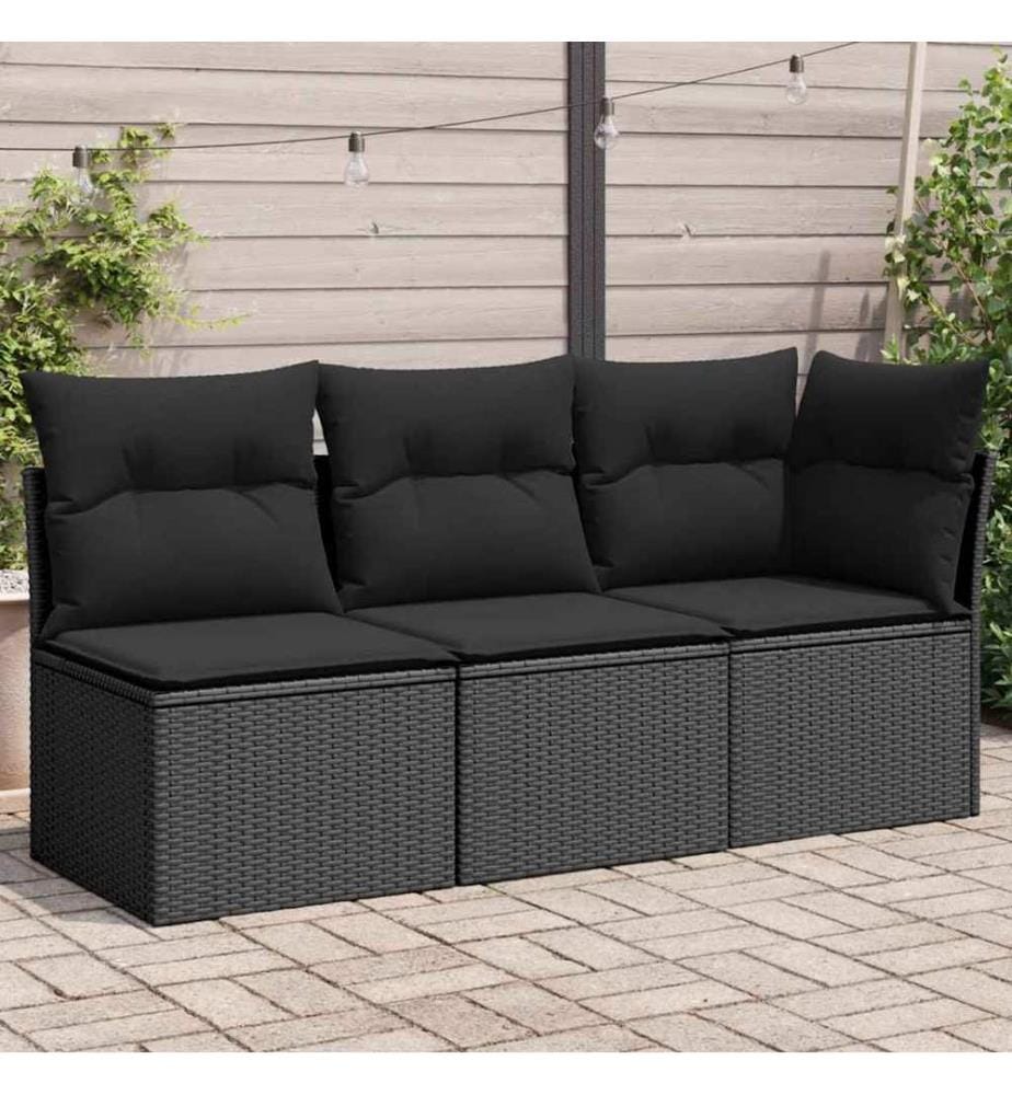 Gartensofa mit Kissen 3-Sitzer Schwarz Poly Rattan