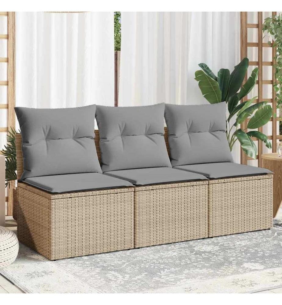 Gartensofa mit Kissen 3-Sitzer Beige Poly Rattan