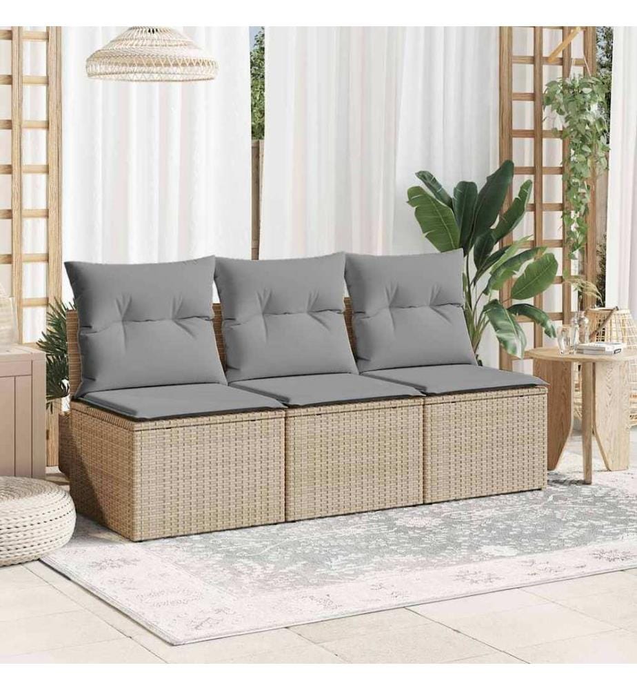 Gartensofa mit Kissen 3-Sitzer Beige Poly Rattan