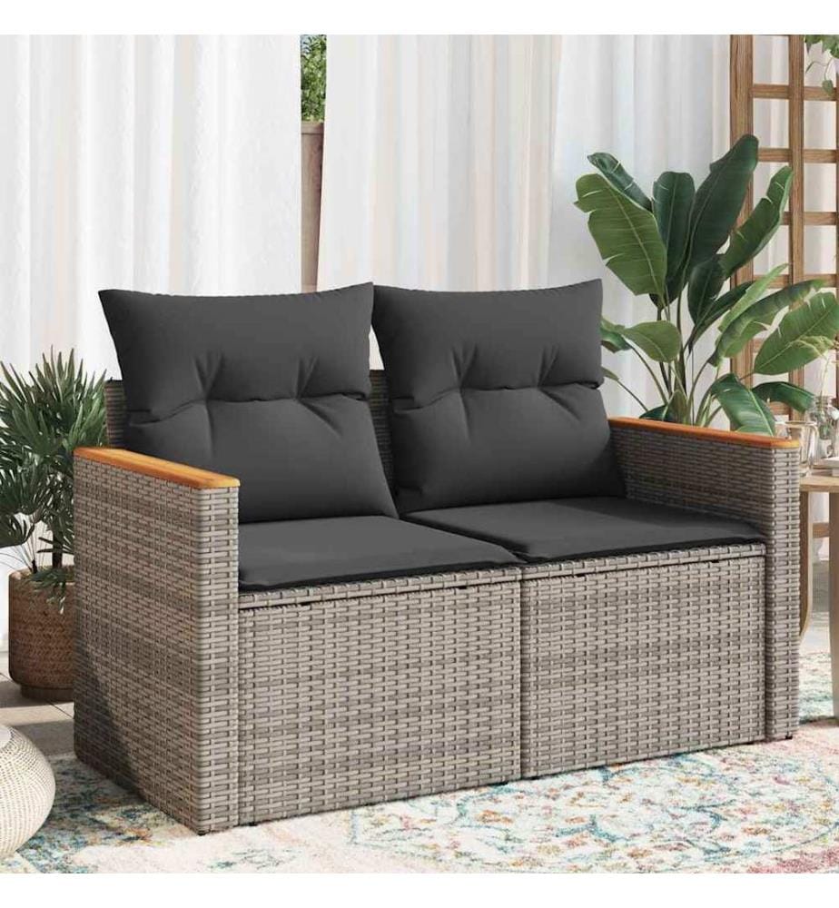 Gartensofa 2-Sitzer mit Kissen Grau Poly Rattan