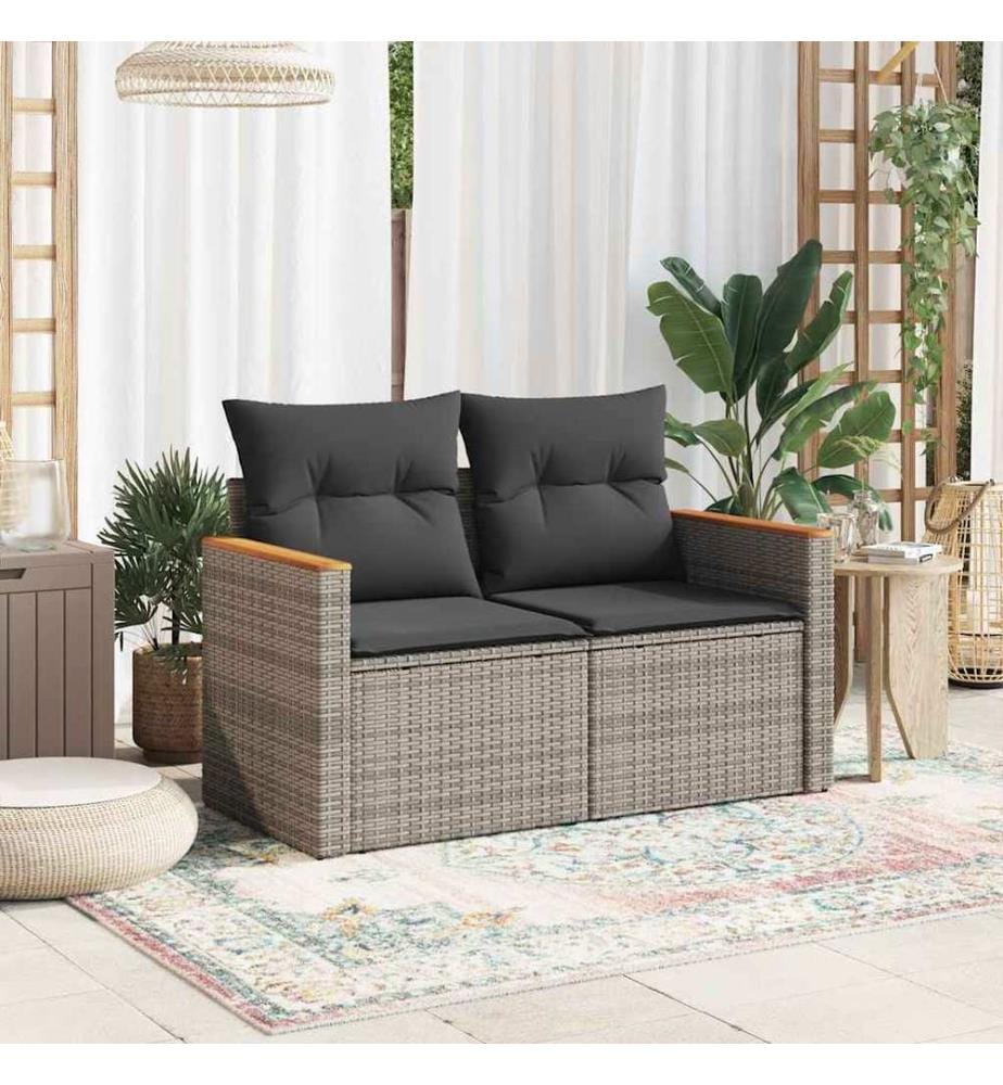 Gartensofa 2-Sitzer mit Kissen Grau Poly Rattan