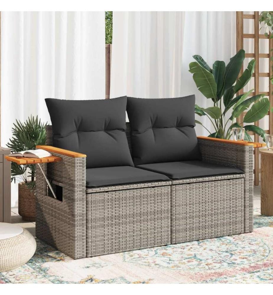 Gartensofa 2-Sitzer mit Kissen Grau Poly Rattan