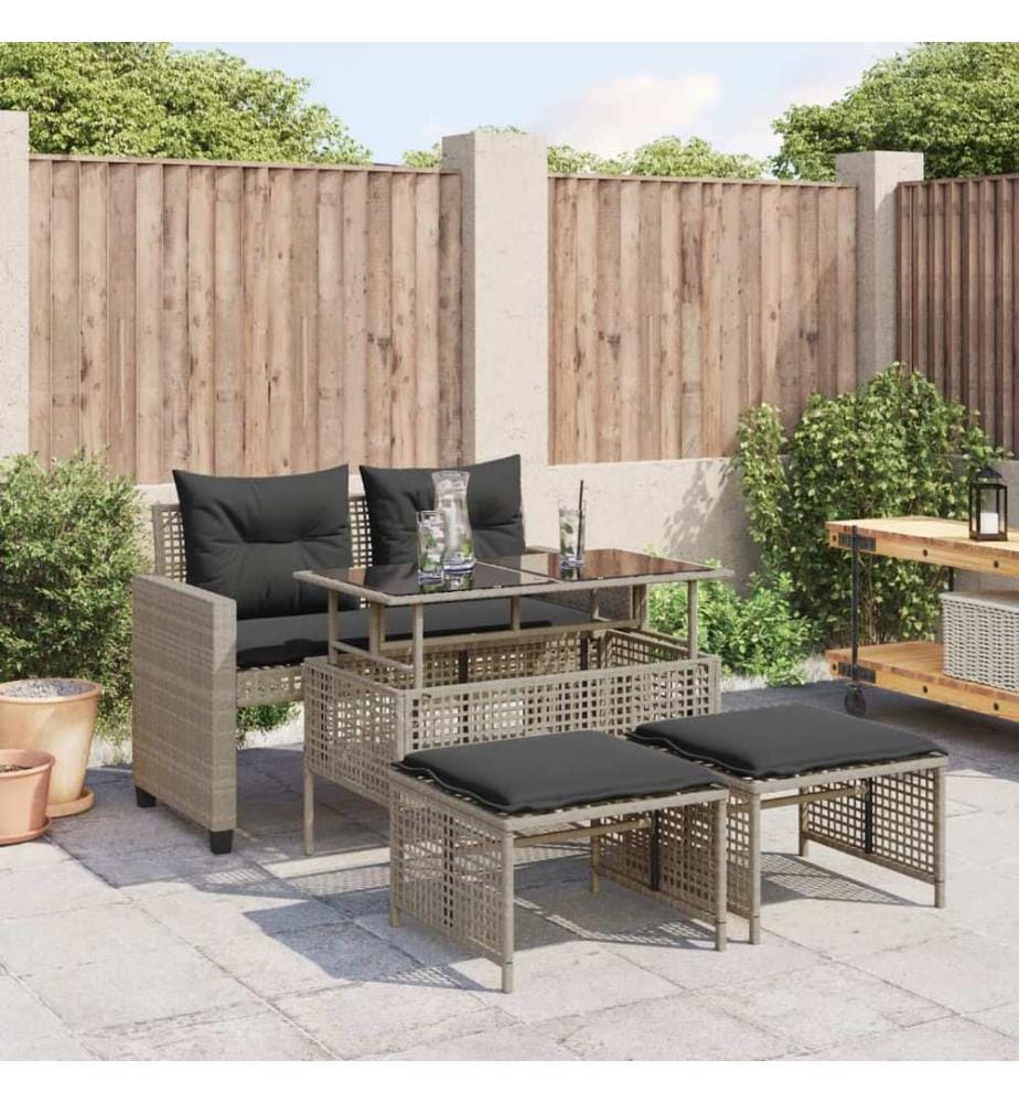 4-tlg. Garten-Sofagarnitur mit Kissen Hellgrau Poly Rattan Glas