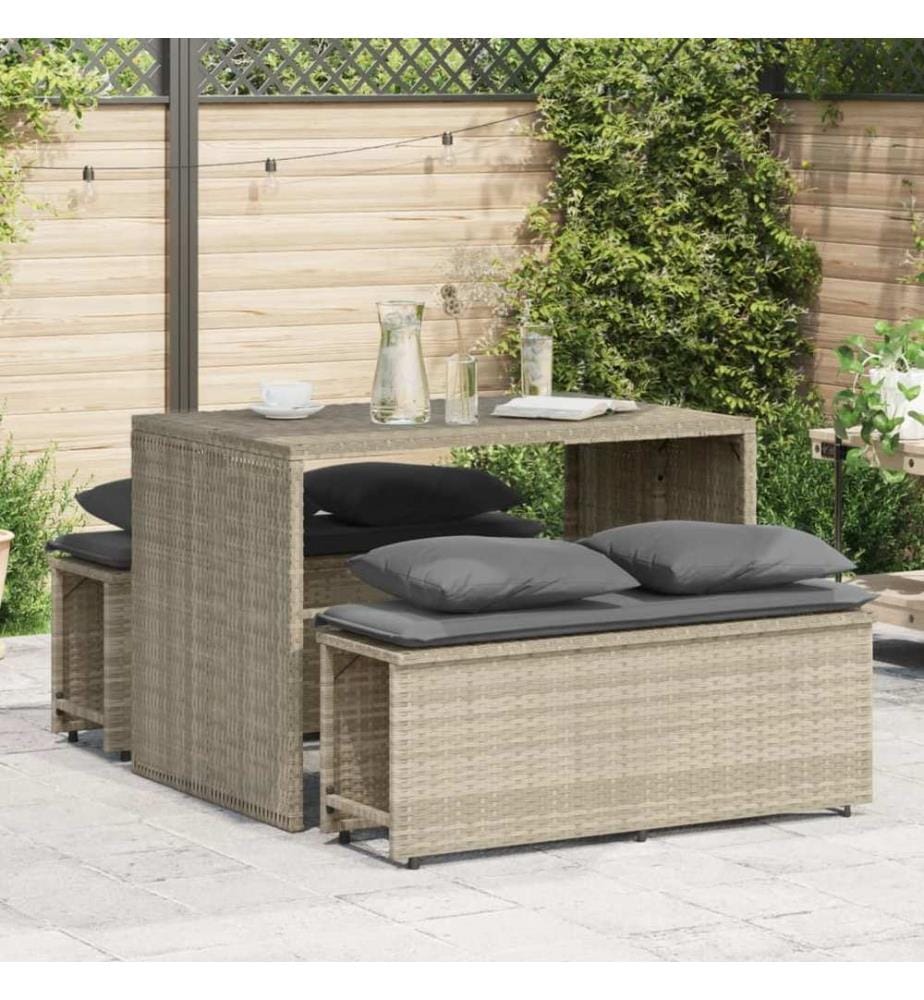 3-tlg. Garten-Essgruppe mit Kissen Hellgrau Poly Rattan