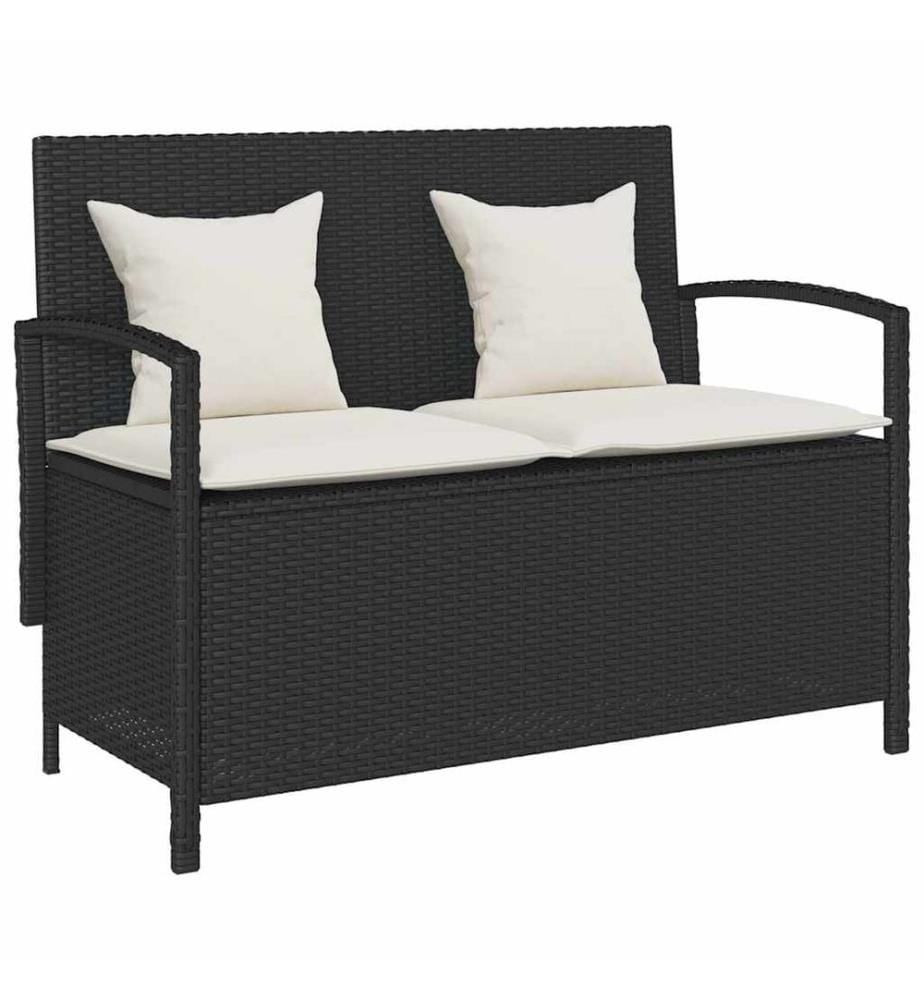 Gartenbank mit Stauraum und Kissen Schwarz Poly Rattan