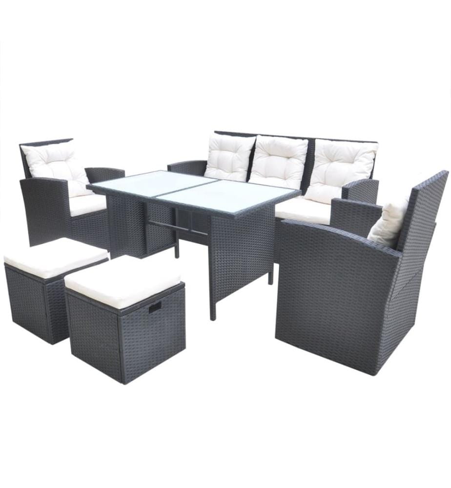 6-tlg. Garten-Essgruppe mit Kissen Poly Rattan Schwarz