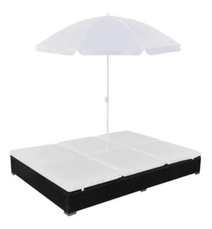 Chaise longue d'extérieur avec parasol Résine tressée Noir