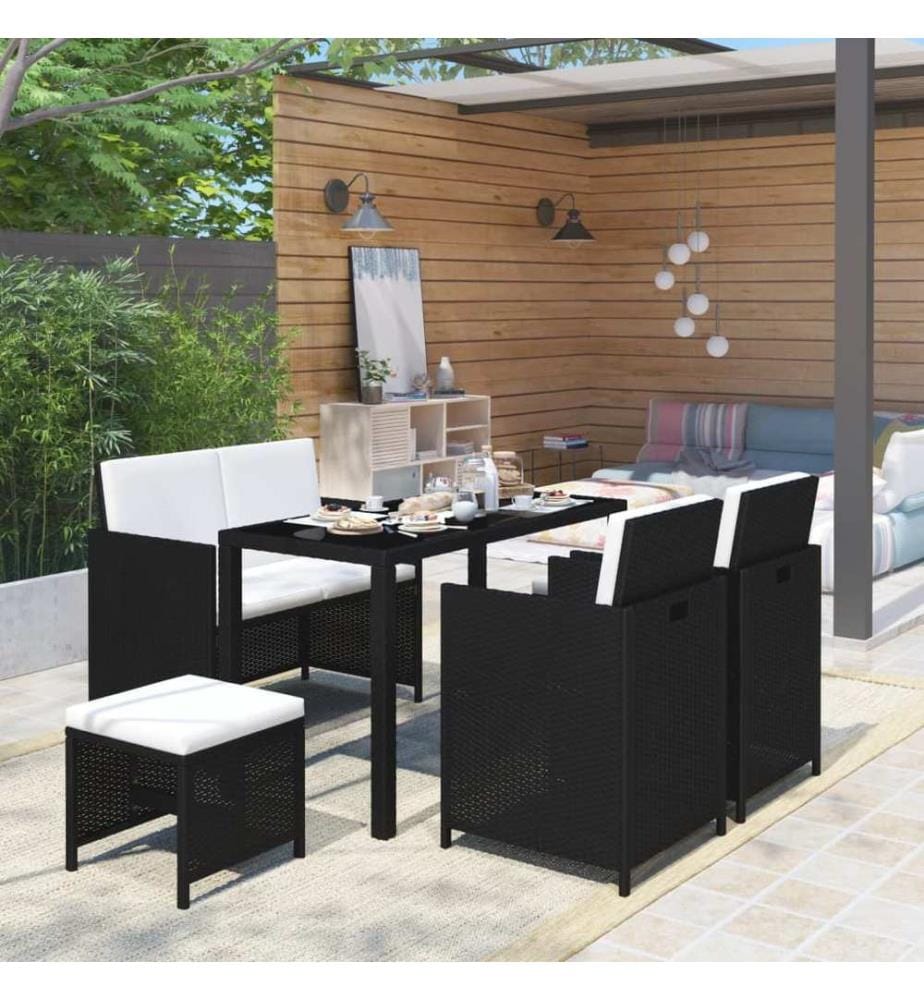 6-tlg. Garten-Essgruppe mit Auflagen Poly Rattan Schwarz