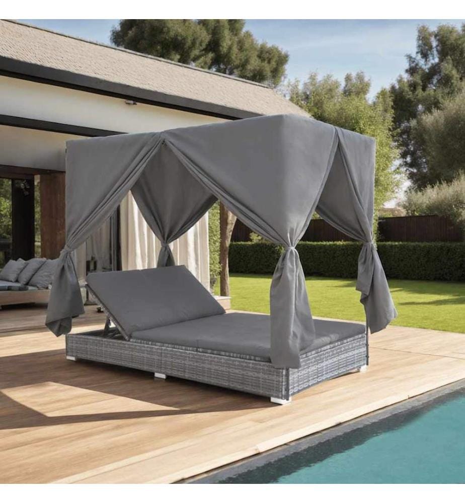Outdoor-Lounge-Bett mit Vorhängen Poly Rattan Grau