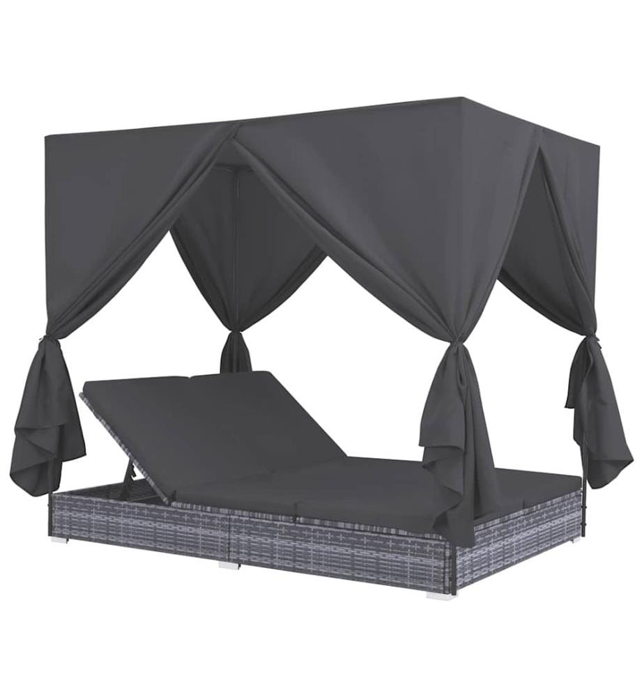 Outdoor-Lounge-Bett mit Vorhängen Poly Rattan Grau