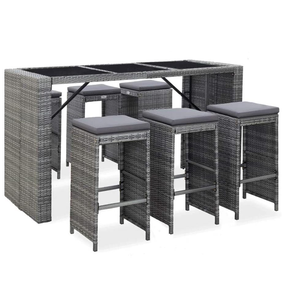 7-tlg. Gartenbar-Set mit Auflagen Poly Rattan Grau