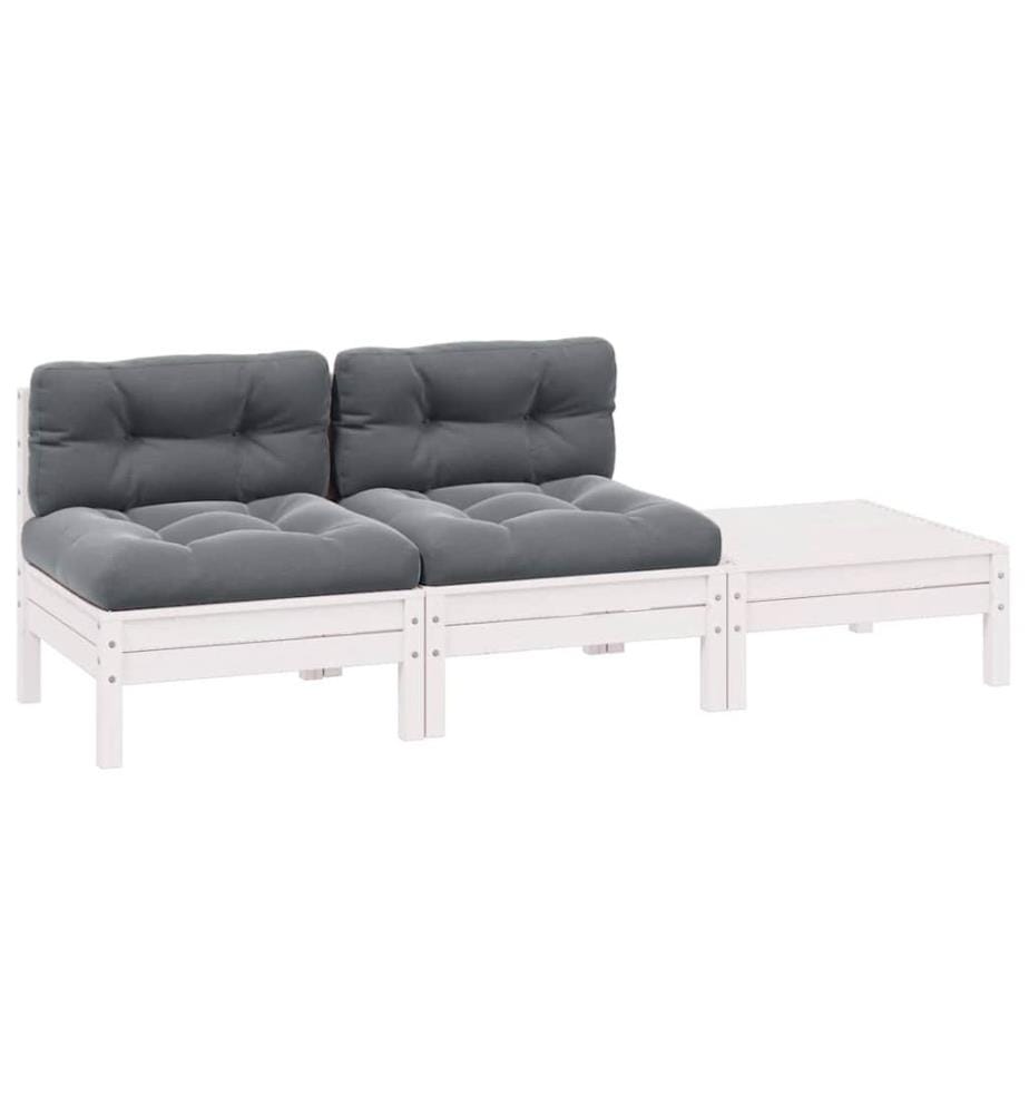 Salon de jardin 3 pcs avec coussins Blanc Bois de pin massif