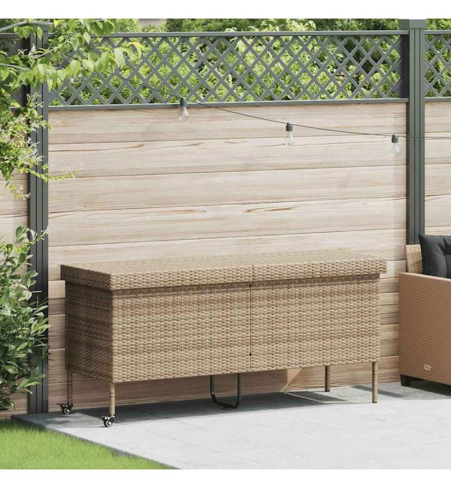 Boîte rangement jardin roues beige 160x55x75 cm résine tressée