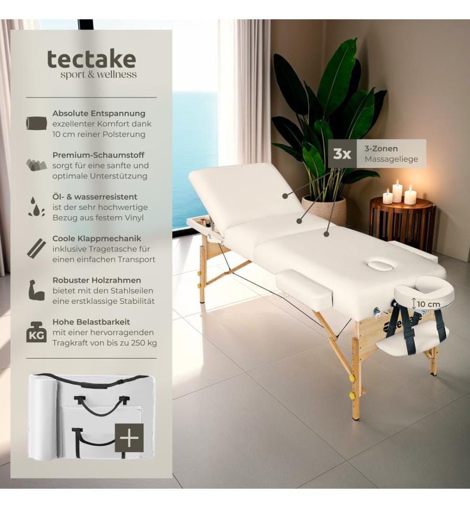 Massage Table - 3-zones, folding, 10 cm padding, with carry bag, head & armrests - beige