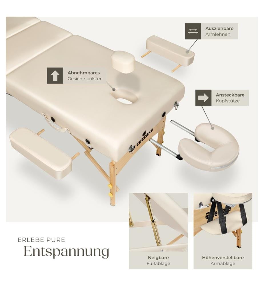 Massage Table - 3-zones, folding, 10 cm padding, with carry bag, head & armrests - beige
