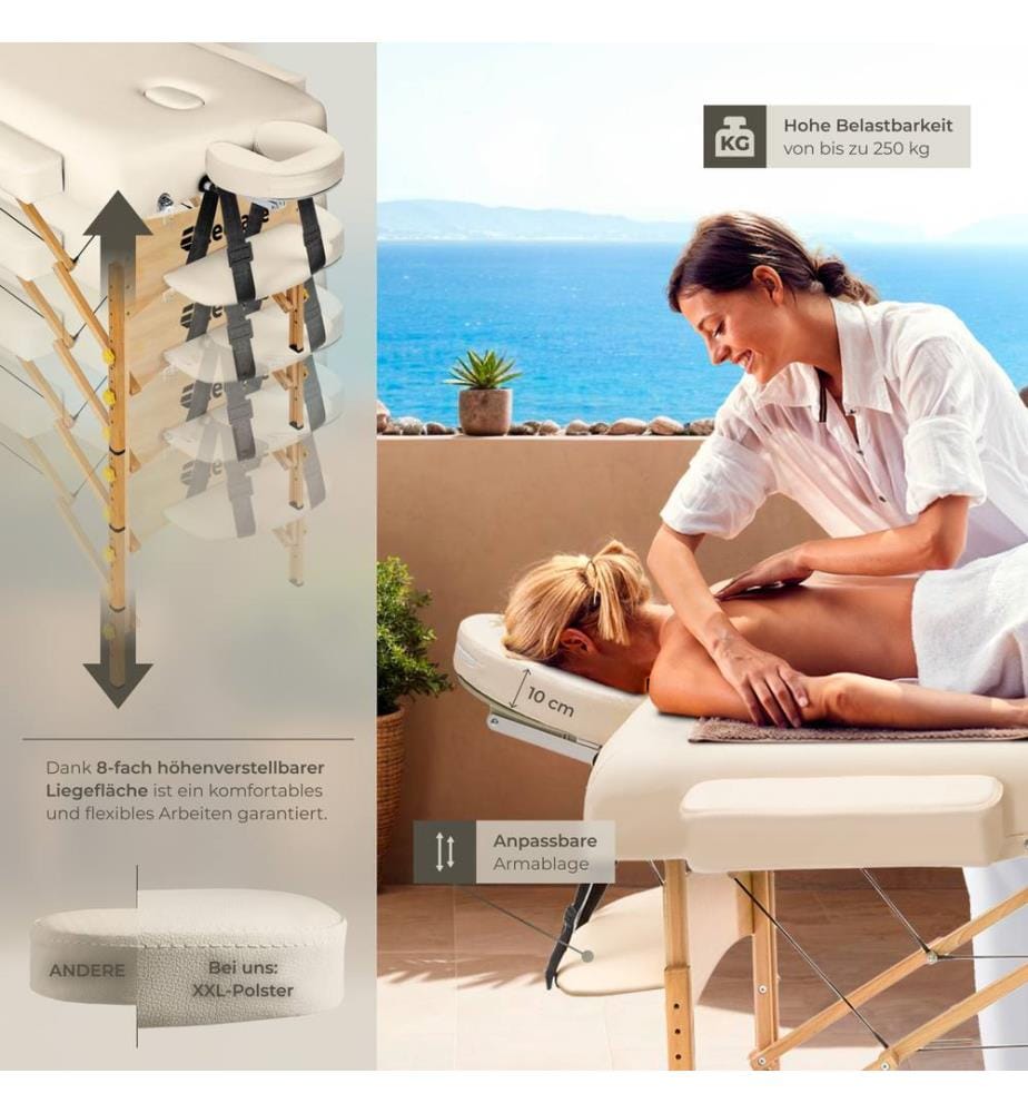 Massage Table - 3-zones, folding, 10 cm padding, with carry bag, head & armrests - beige