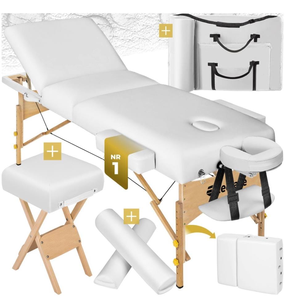 Set lettino da massaggio a 3 zone con 10 cm di imbottitura, cuscini posturali e supporto in legno - bianco