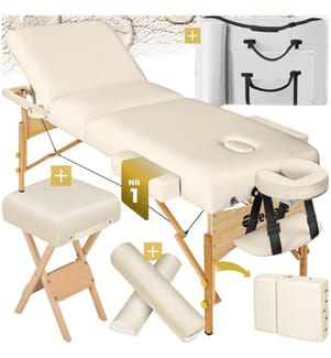3 Zonen Massageliege-Set mit 10 cm Polsterung, Lagerungsrollen und Holzgestell - beige