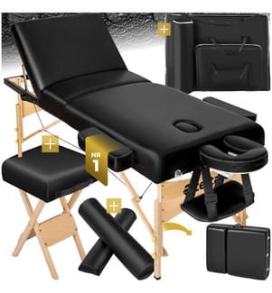 3 Zonen Massageliege-Set mit 10 cm Polsterung, Lagerungsrollen und Holzgestell - schwarz