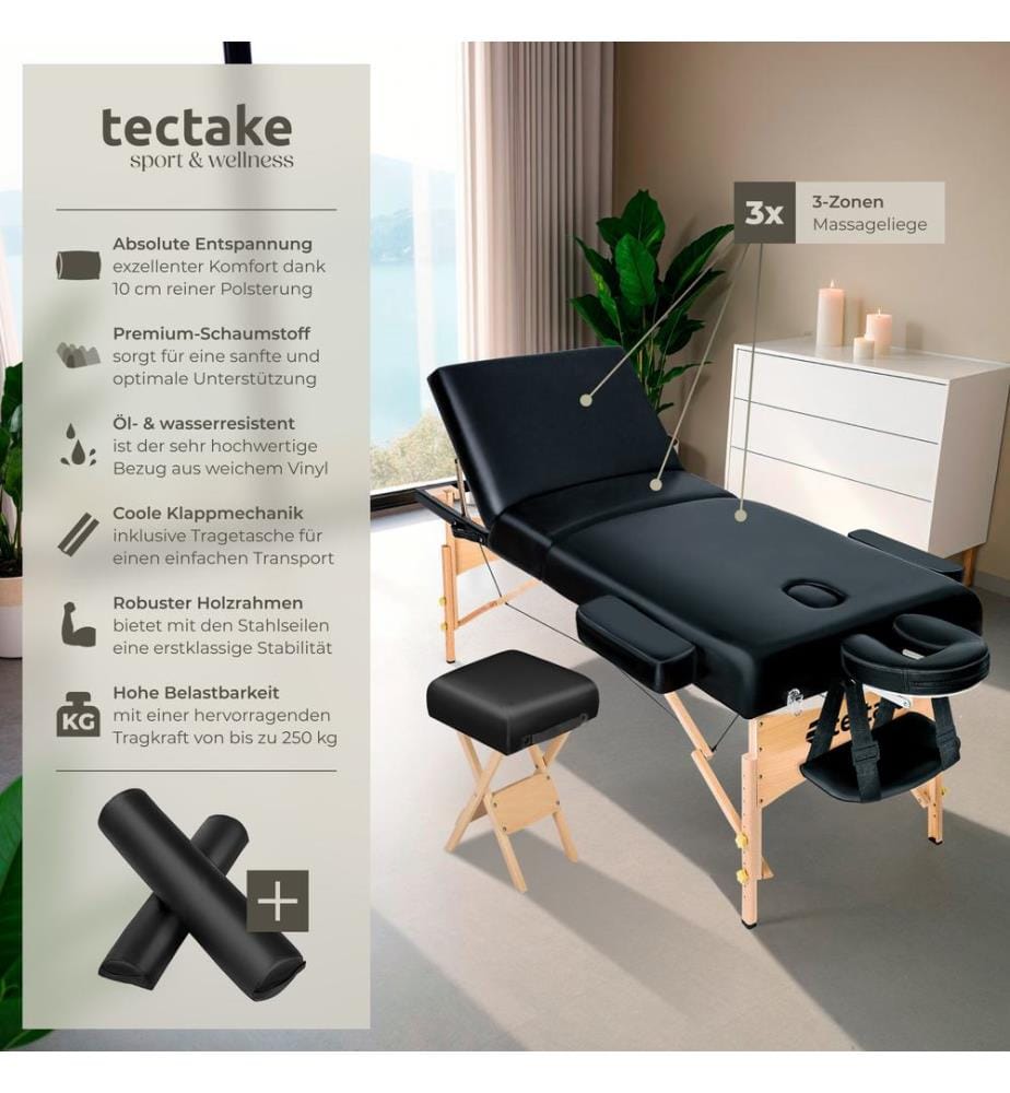 Set lettino da massaggio a 3 zone con 10 cm di imbottitura, cuscini posturali e supporto in legno - nero