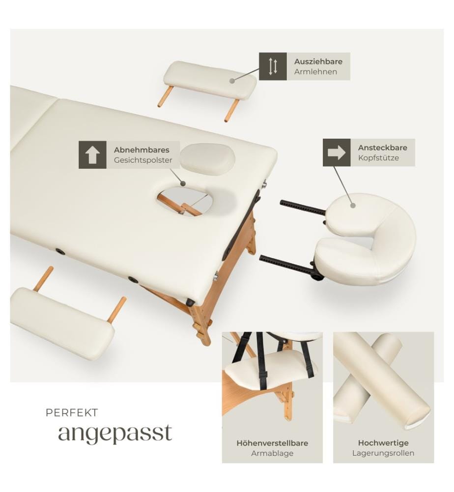 Set lettino da massaggio Freddi con 5 cm di imbottitura, rulli e telaio in legno - beige