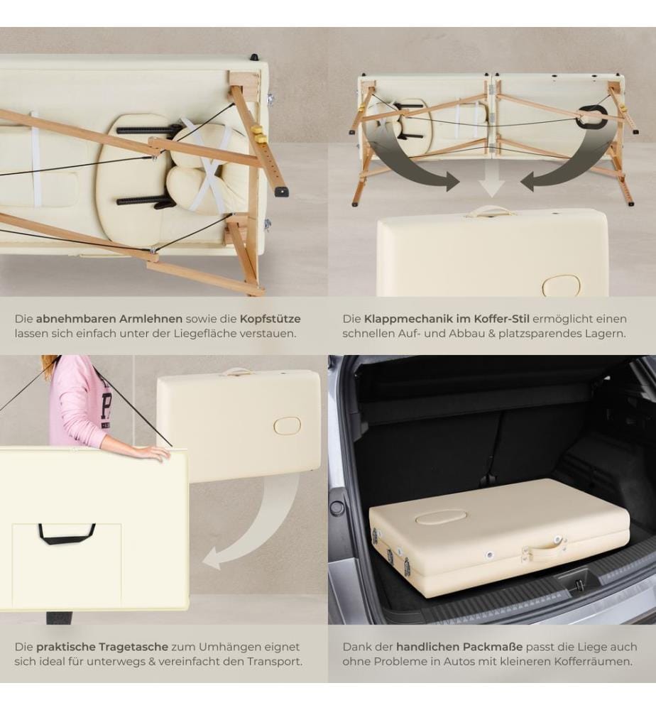 Set lettino da massaggio Freddi con 5 cm di imbottitura, rulli e telaio in legno - beige