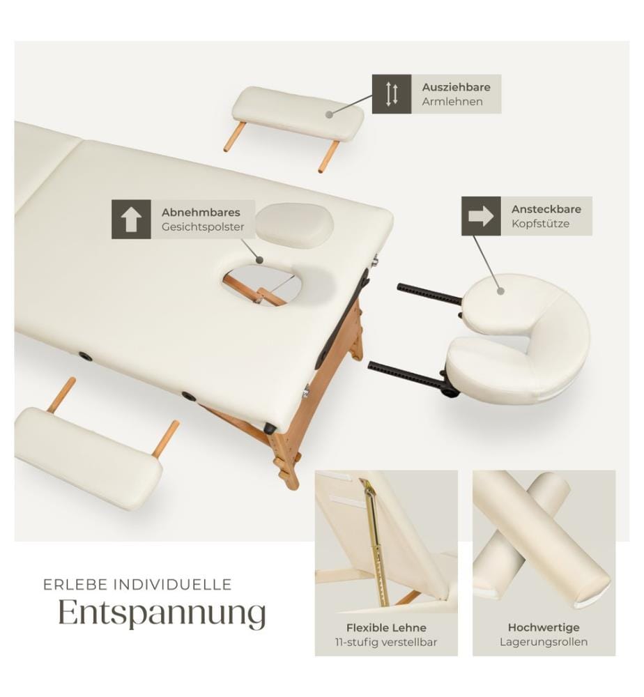 Set lettino da massaggio Daniel con imbottitura, rulli e telaio in legno - beige