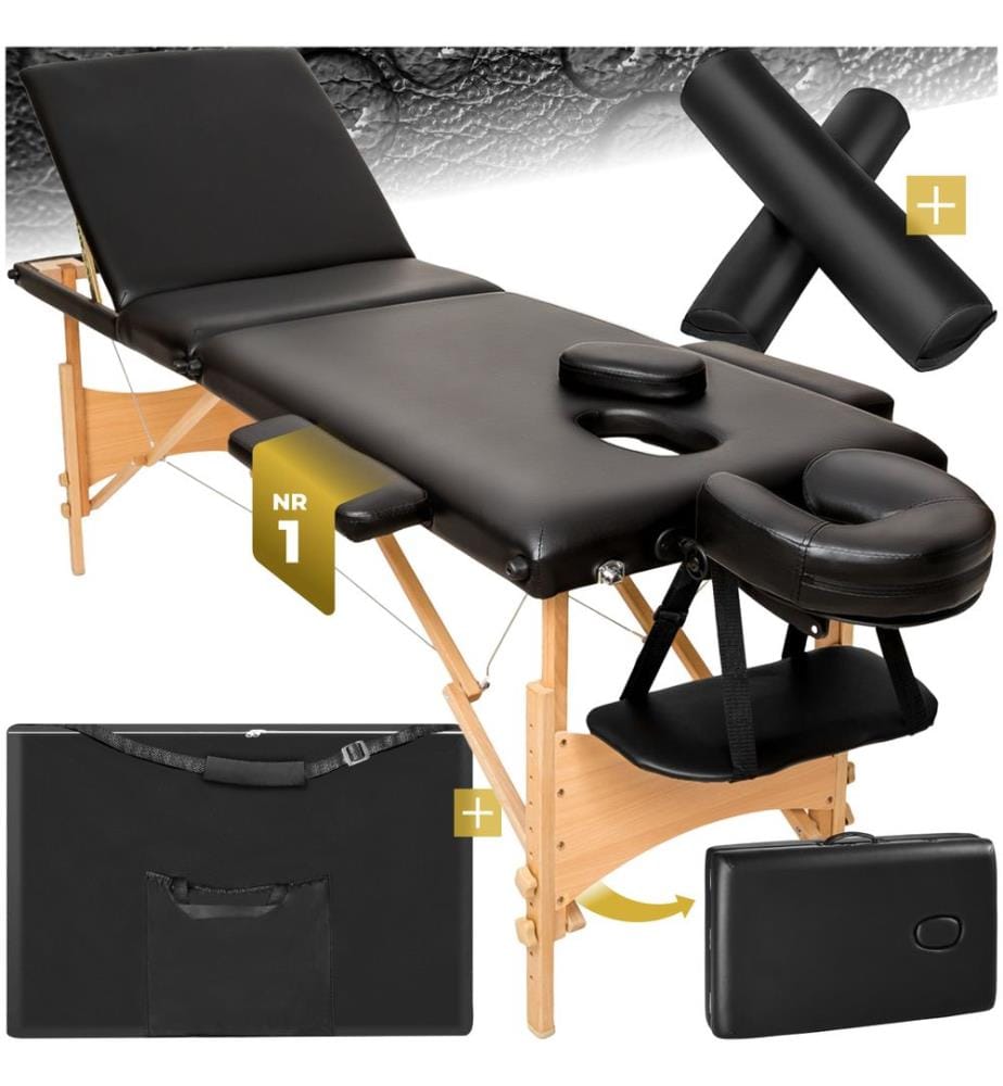 Set lettino da massaggio Daniel con imbottitura, rulli e telaio in legno - nero
