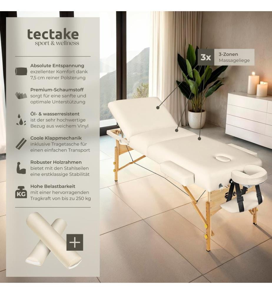Set lettino da massaggio a 3 zone Somwang con imbottitura di 7,5 cm, rulli e telaio in legno - beige