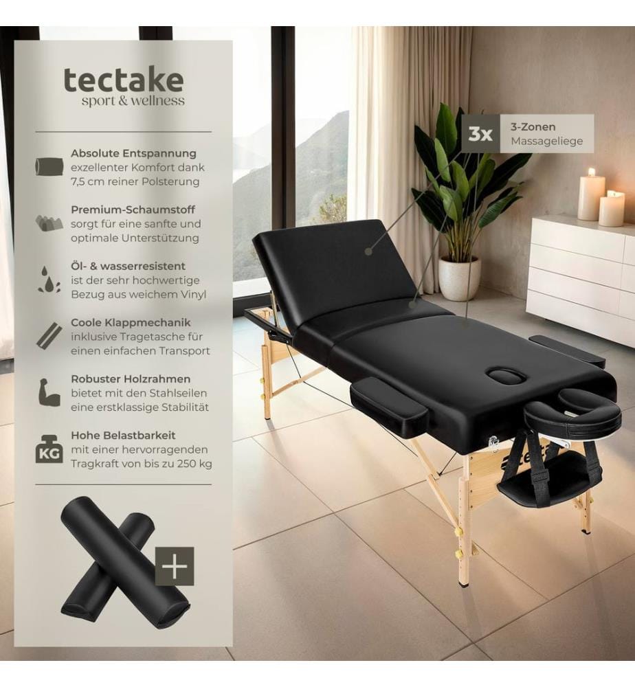 Set lettino da massaggio a 3 zone Somwang con imbottitura di 7,5 cm, rulli e telaio in legno - nero