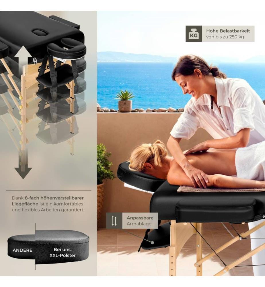 Set lettino da massaggio a 3 zone Somwang con imbottitura di 7,5 cm, rulli e telaio in legno - nero