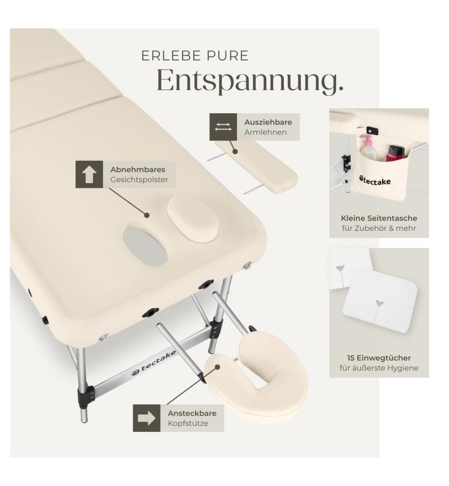 Lettino da massaggio a 3 zone Ko Tao, borsa da trasporto, telaio in alluminio - beige