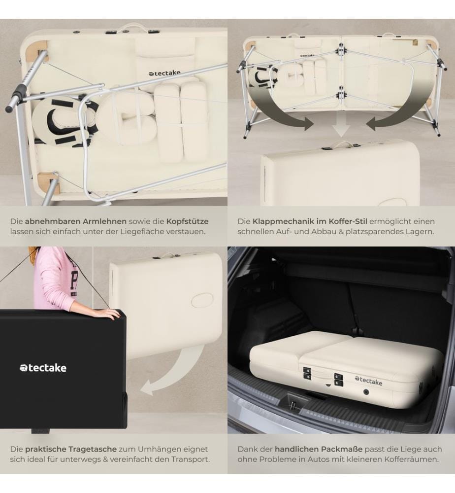 Lettino da massaggio a 3 zone Ko Tao, borsa da trasporto, telaio in alluminio - beige