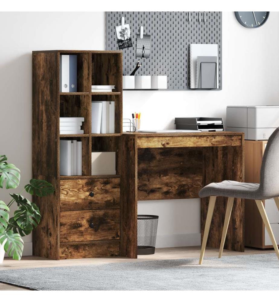 Scrivania con cassetto con scaffale con stoccaggio 2 pz Quercia affumicata