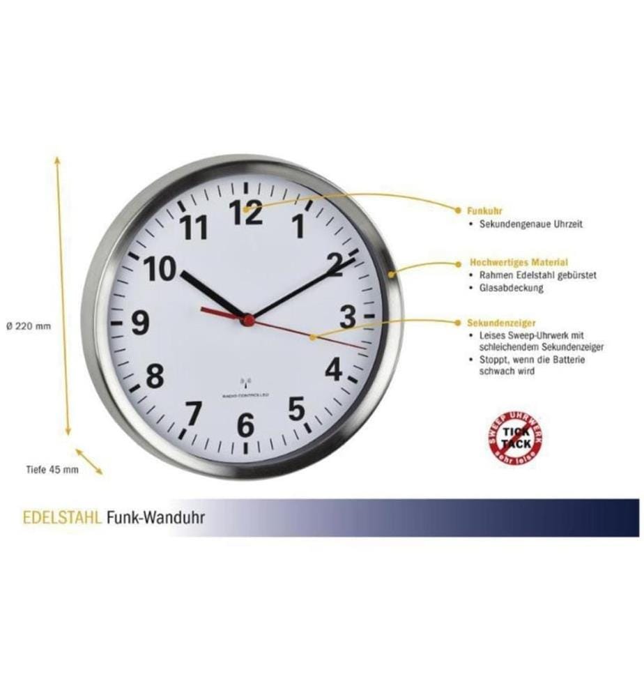 TFA DOSTMANN - Funk-Wanduhr Silber, Ø 22 cm