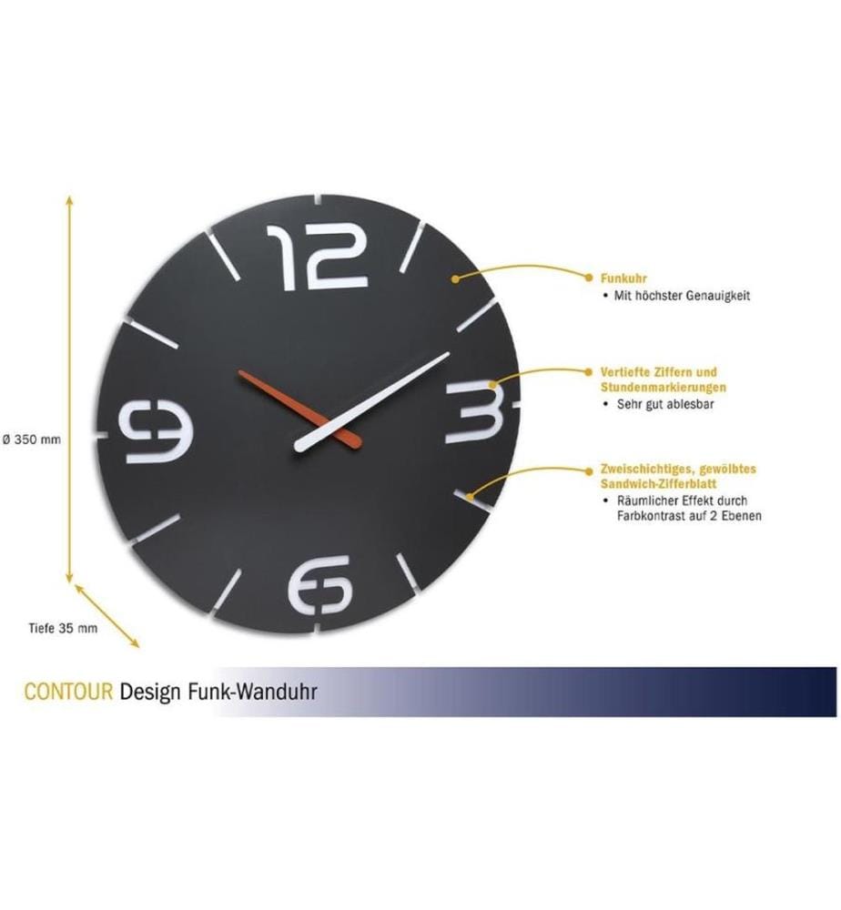 TFA DOSTMANN - Funk-Wanduhr Contour Anthrazit, Ø 35 cm